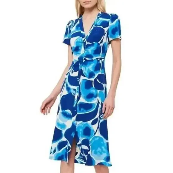 DIANE VON FURSTENBERG Milo Cecilia Crepe Midi Shirt Dress Blue White V Neck M